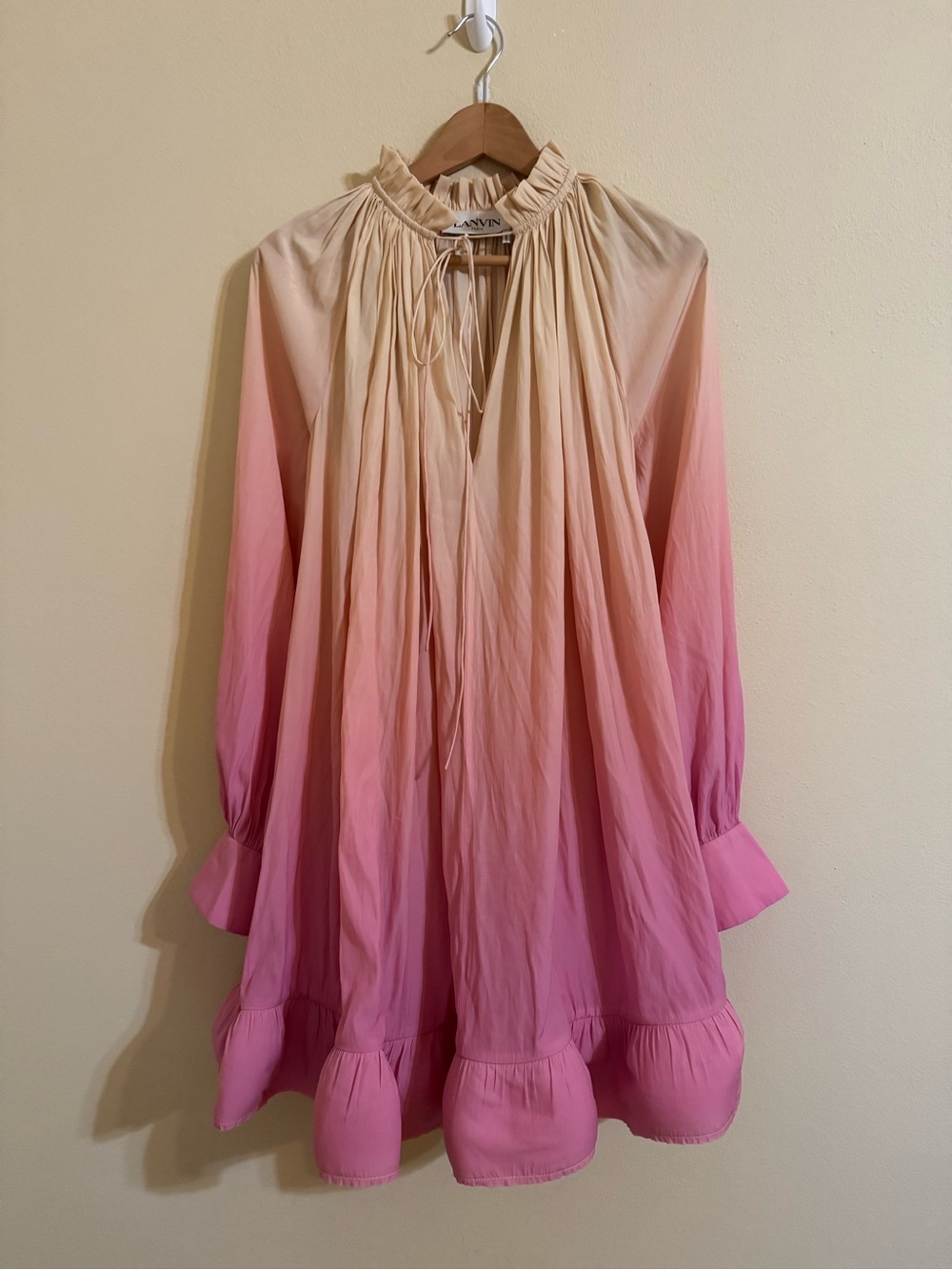 Lanvin Ruffled Gathered Charmeuse Mini Dress Pink Yellow Ombre Size 38